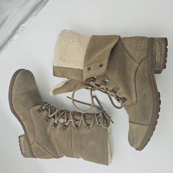 Ugg Gradin Womens Tan Suede Leather Lace Up Round Toe Stacked Heel Boots Size 8 - Picture 7 of 12
